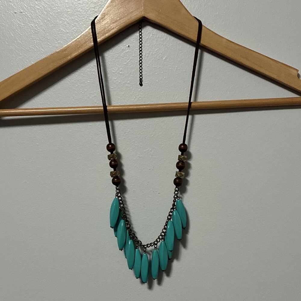 Paparazzi Boho Turquoise Teardrop Fringe Necklace Wood Bead Tribal Southwestern